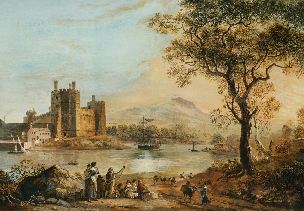 Caernarvon Castle, med en Harper i forgrunnen, av Paul Sandby