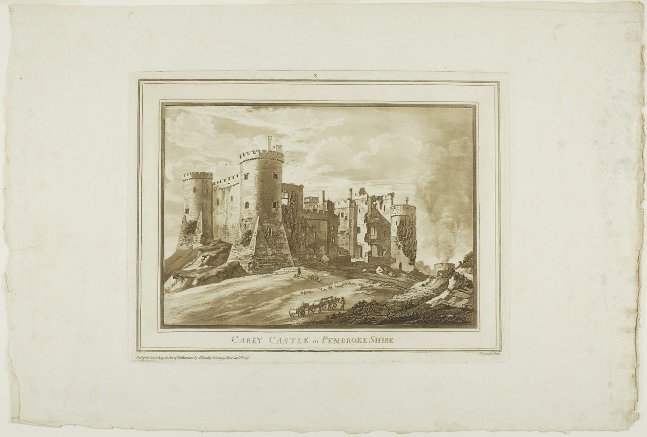 Carey Castle i Pembroke Shire, fra Twelve Views in Aquatinta fra tegninger tatt på stedet i Sør-Wales av Paul Sandby