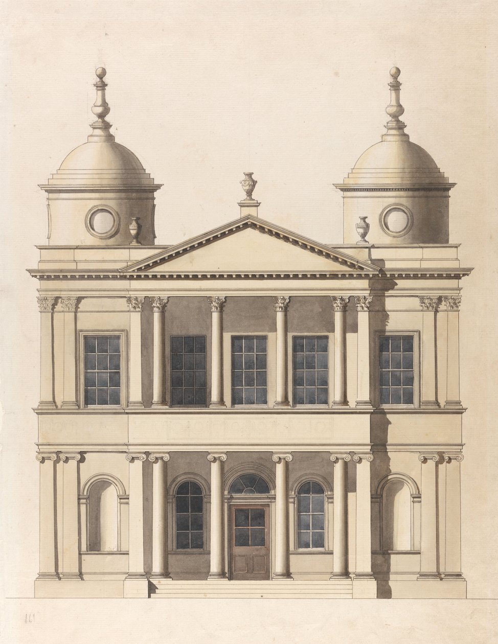 Utforming av en kirke. Fasadetegning av vestfronten av Paul Sandby