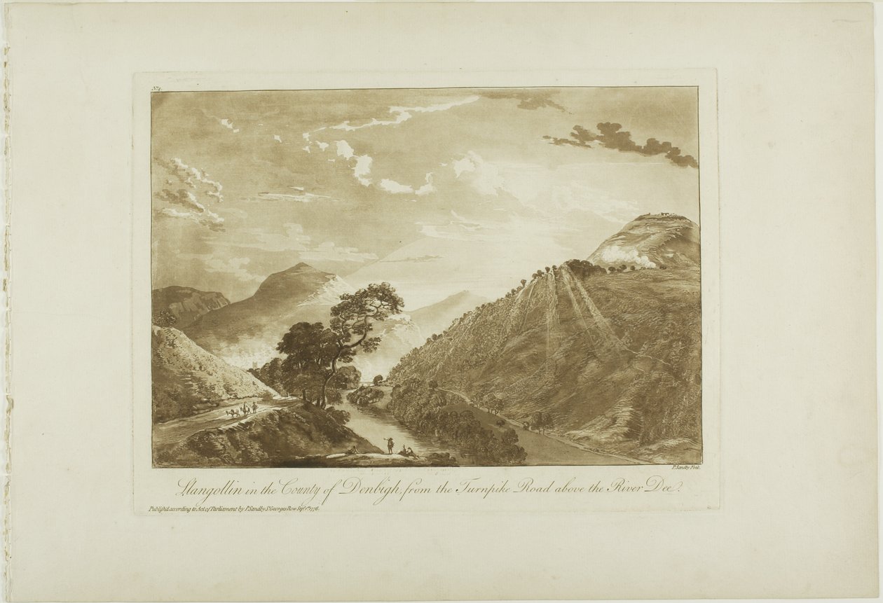 Llangollen i fylket Denbigh, fra Turnpike Road Above the River Dee av Paul Sandby