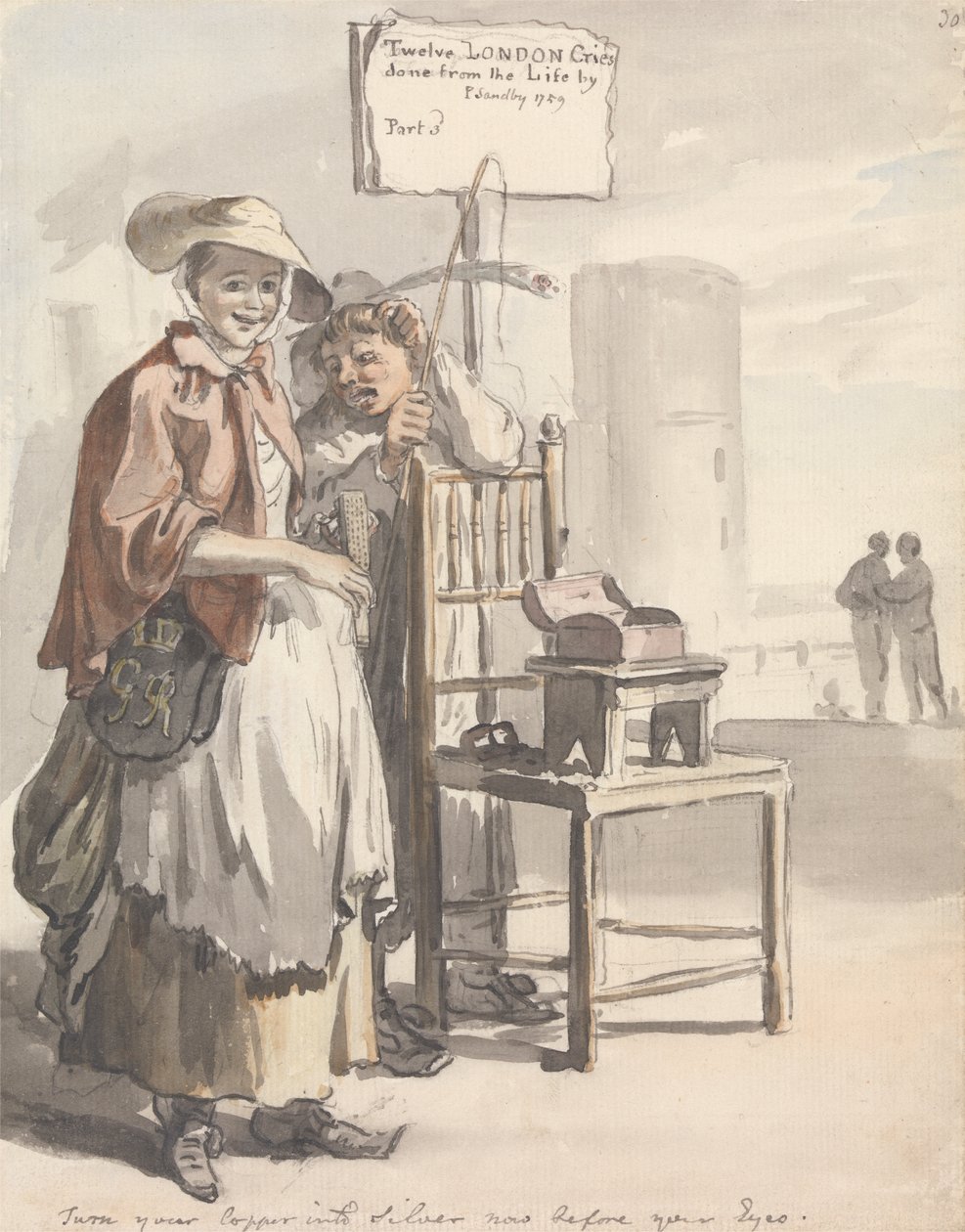 London Cries: "Vend din kobber til sølv nå foran øynene dine" (tittelsidedesign) av Paul Sandby
