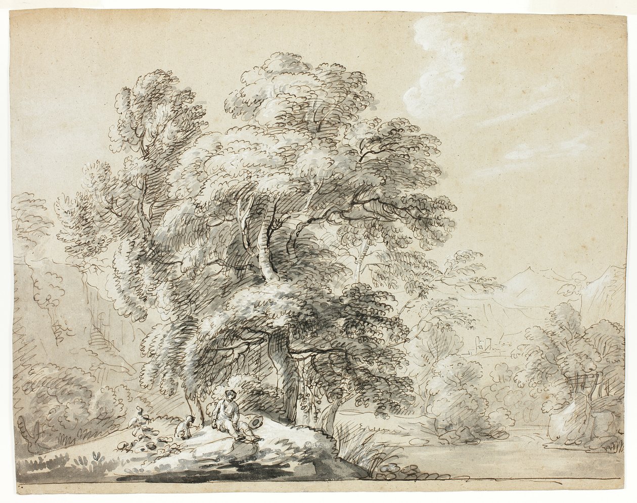 Mann og hund sitter under trær ved elven av Paul Sandby