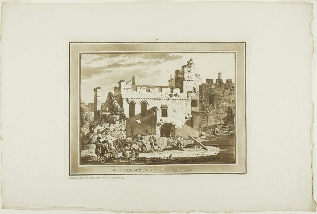 Manerbawr Castle, fra Twelve Views in Aquatinta fra tegninger tatt på stedet i Sør-Wales av Paul Sandby