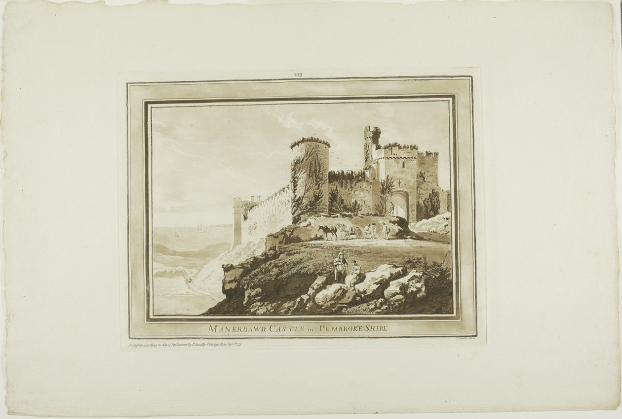 Manerbawr Castle i Pembroke Shire, fra Twelve Views in Aquatinta fra tegninger tatt på stedet i Sør-Wales av Paul Sandby