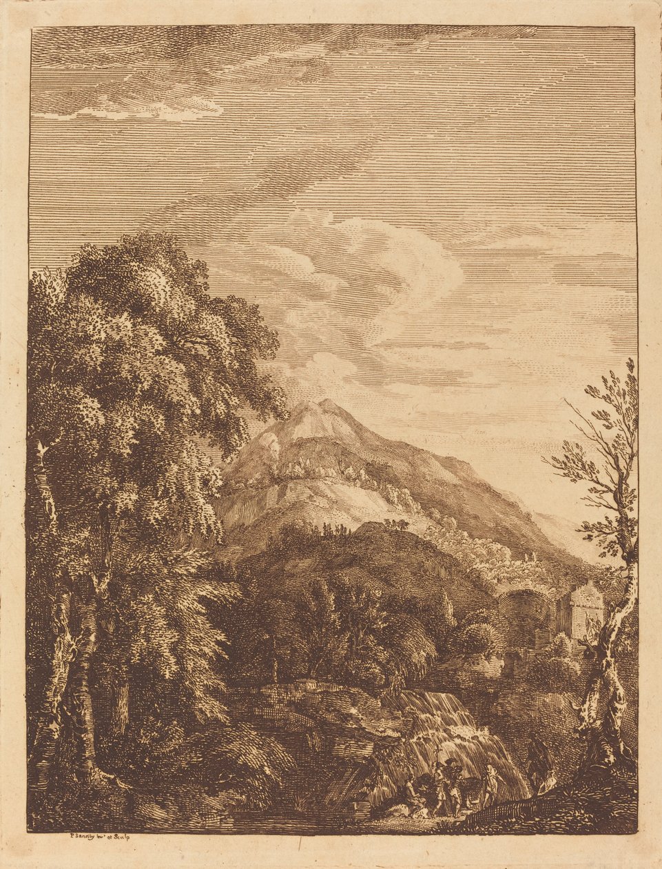 Fjelllandskap med en foss, rundetårn, slott og Banditti av Paul Sandby