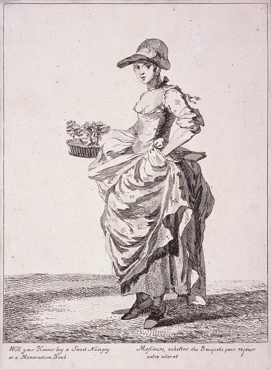 Nosegay og memobokselger, Cries of London, 1760 av Paul Sandby