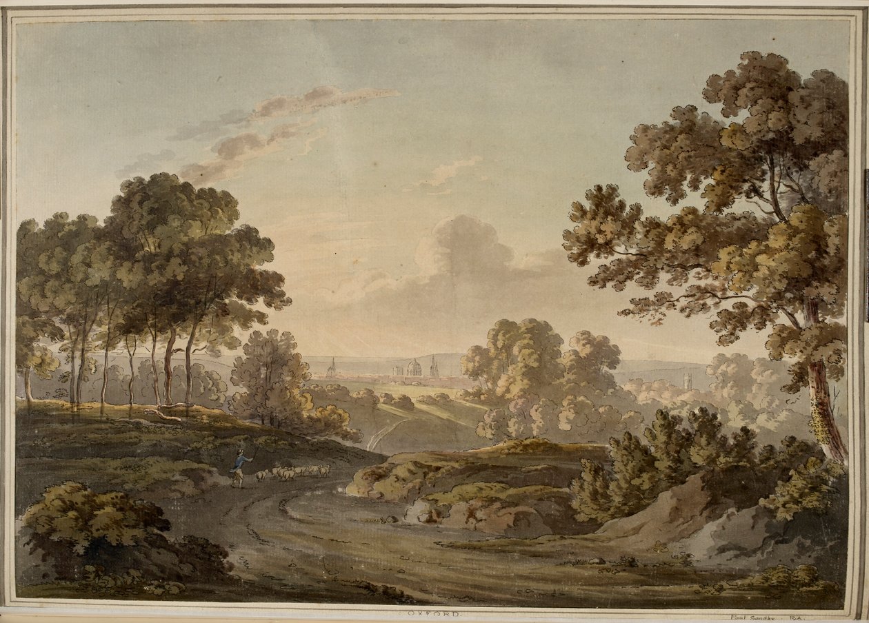 Oxford [grafikk]. Hyrde som gjeter sauer på veien mot Oxford, som er synlig i horisonten opplyst av solnedgangens glød. av Paul Sandby