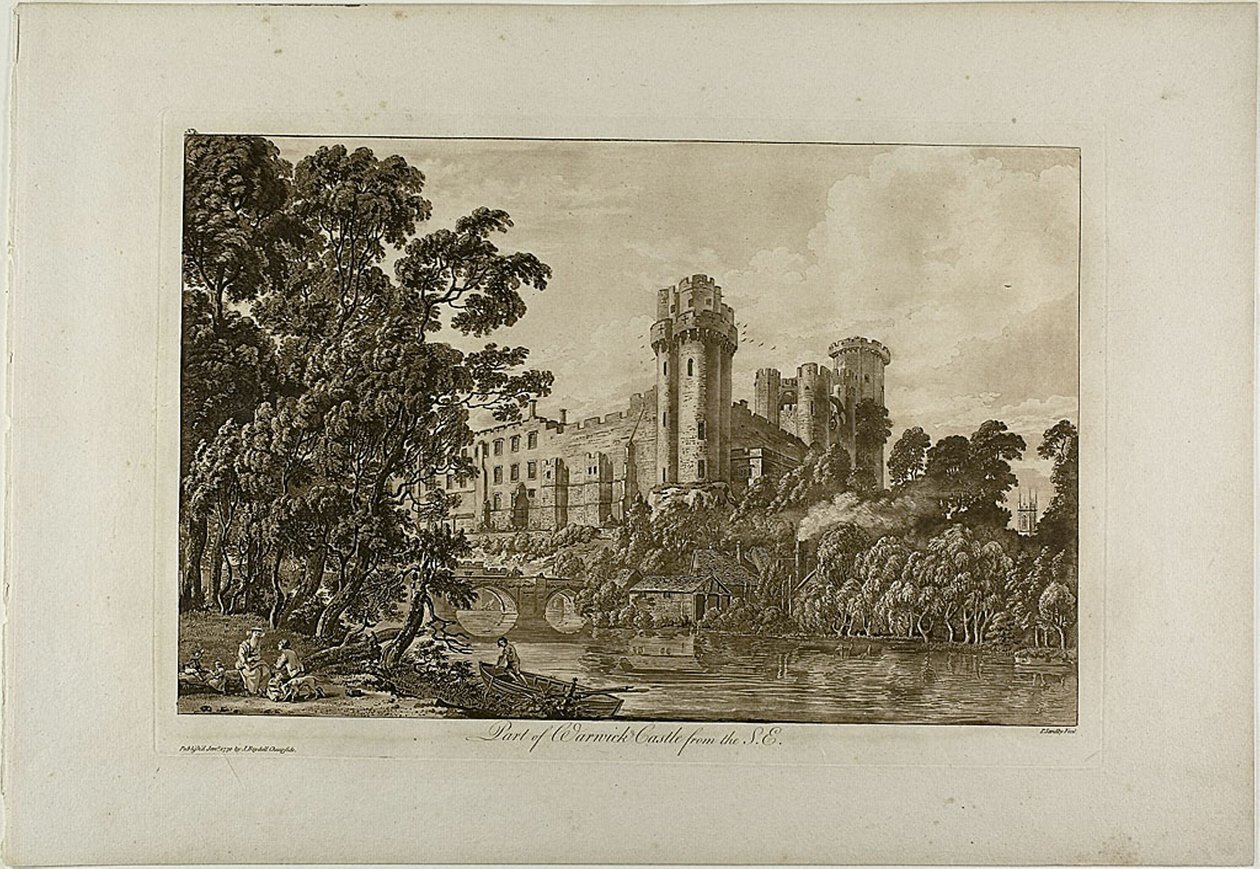 En del av Warwick Castle fra sørøst, plate 4 av Paul Sandby