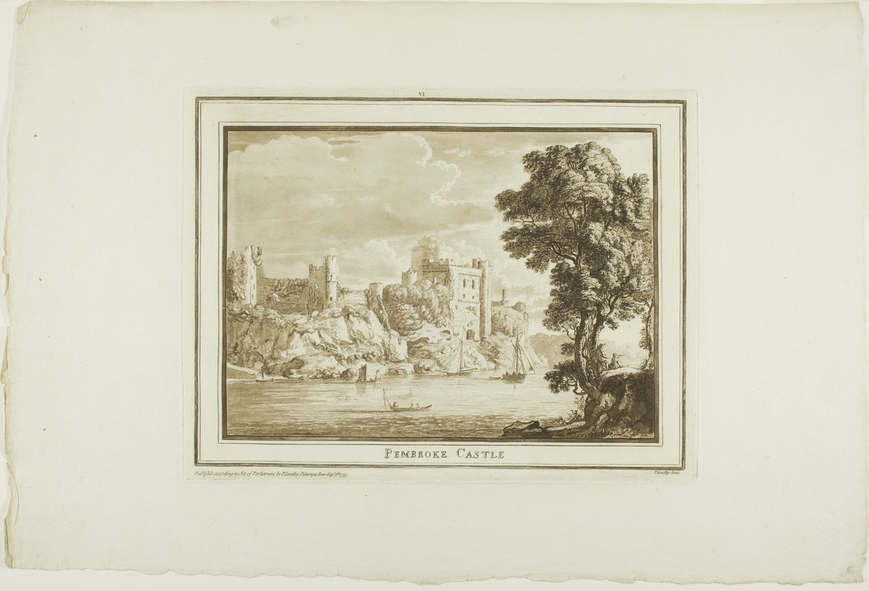 Pembroke Castle, fra Twelve Views in Aquatinta fra tegninger tatt på stedet i Sør-Wales av Paul Sandby