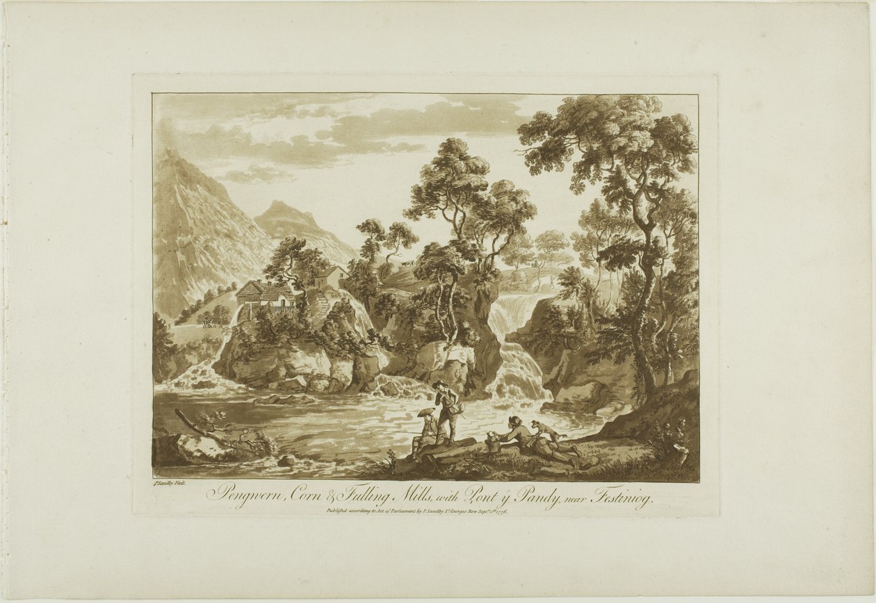 Pengnern Corn and Fulling Mills, med Pont y Pandy, nær Festiniog av Paul Sandby