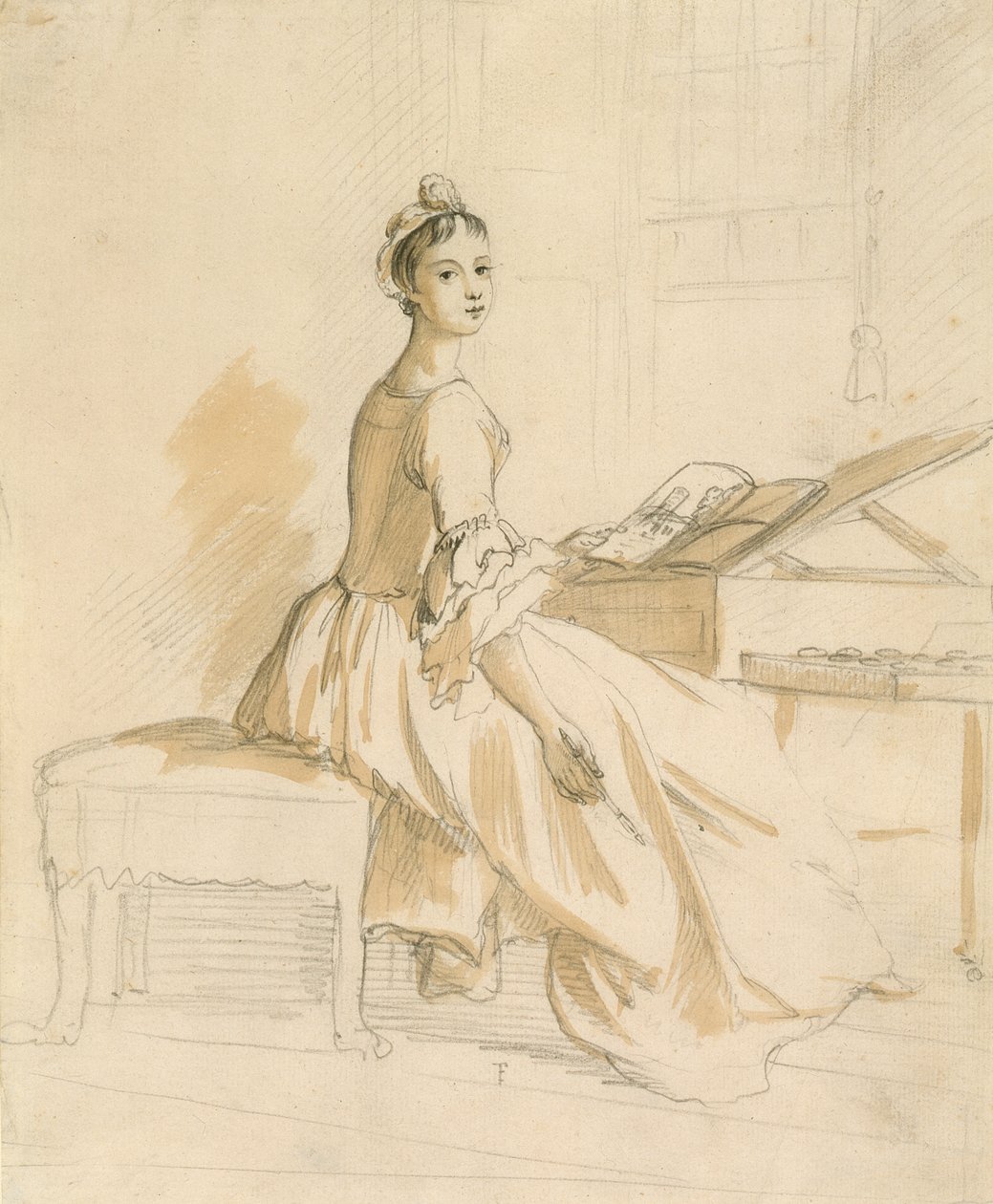 Portrett av en dame ved et tegnebord (grafitt og brun vask på papir) av Paul Sandby