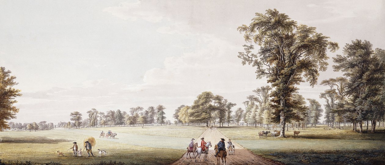 Ryttere i en aveny i parken ved Luton, med figurer i en Phaeton og rustikk til venstre, av Paul Sandby
