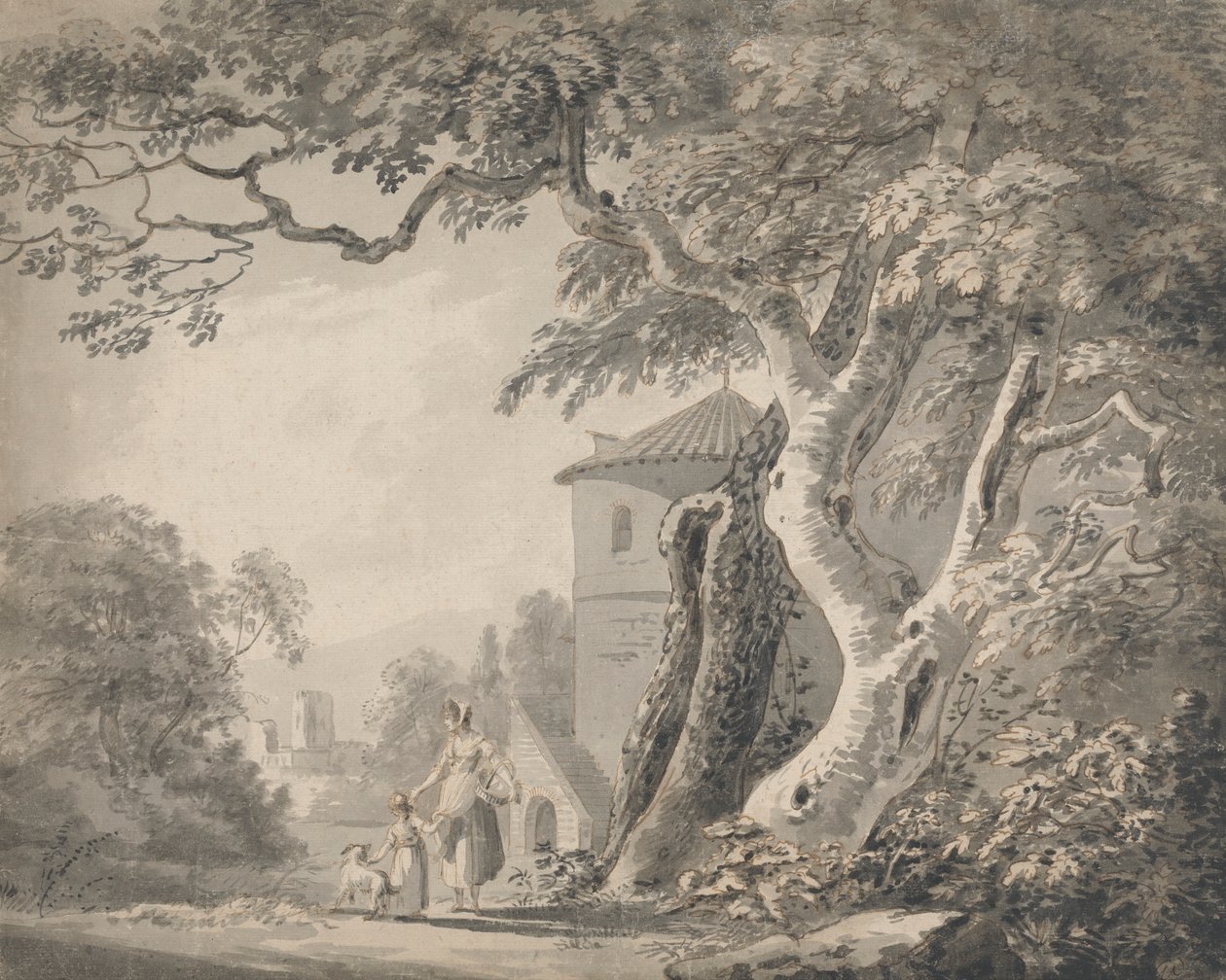 Romantisk landskap med figurer og en hund av Paul Sandby