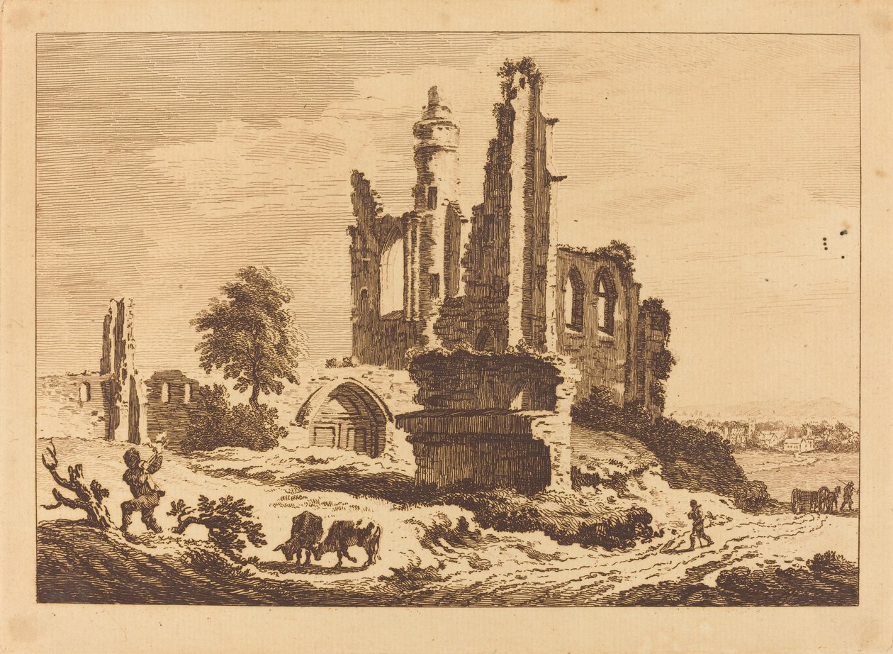 Ødelagt kloster med storfe og en mann som hogger ved av Paul Sandby