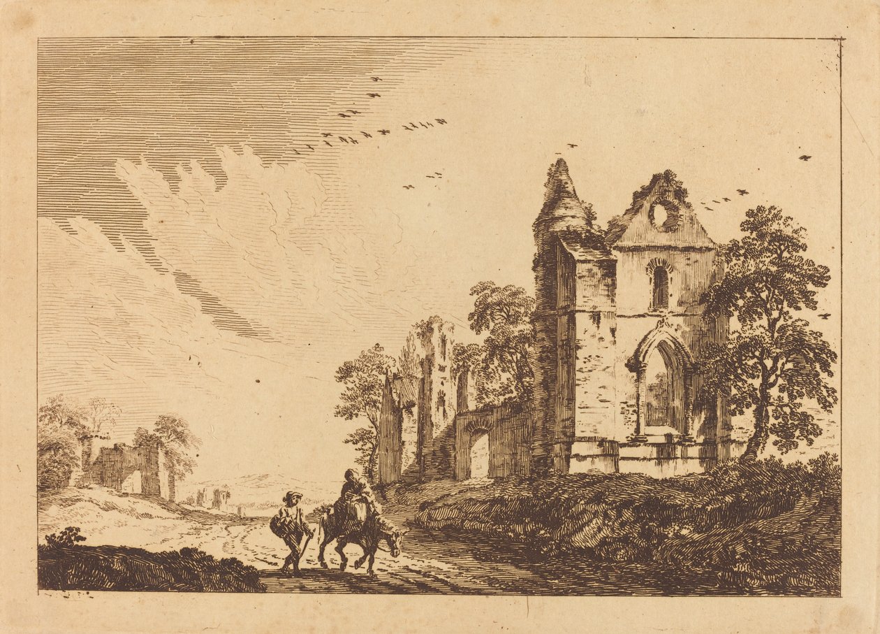 Ødelagt Abbey med reisende på veien av Paul Sandby