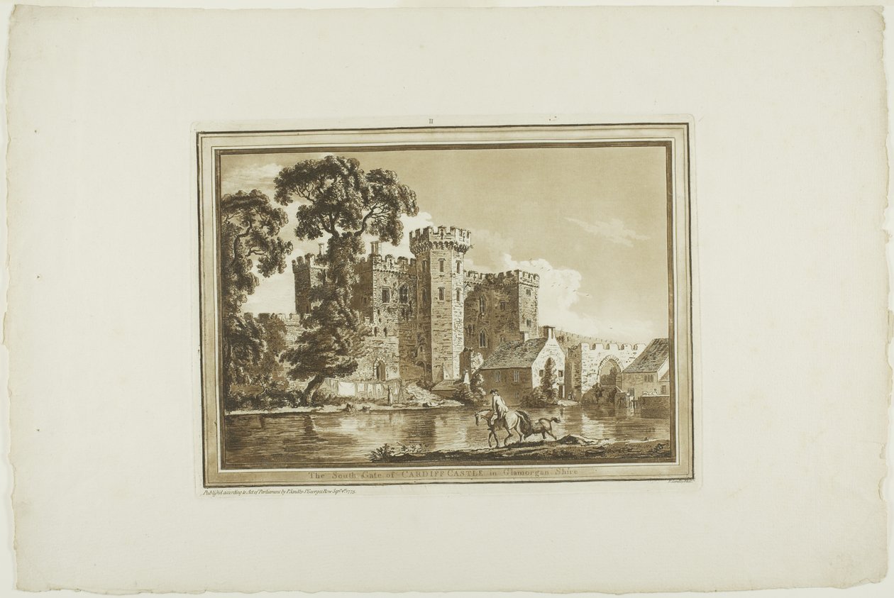 South Gate of Cardiff Castle i Glamorgan Shire, fra tolv visninger i akvatint fra tegninger tatt på stedet i Sør-Wales av Paul Sandby