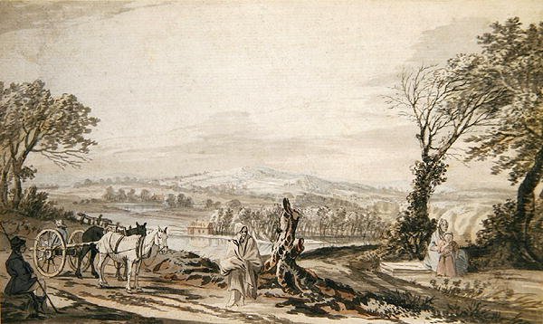 Reisende som hviler ved en vei over en elvedal (blyant, penn og blekk, blekkvask og akvarell på papir) av Paul Sandby