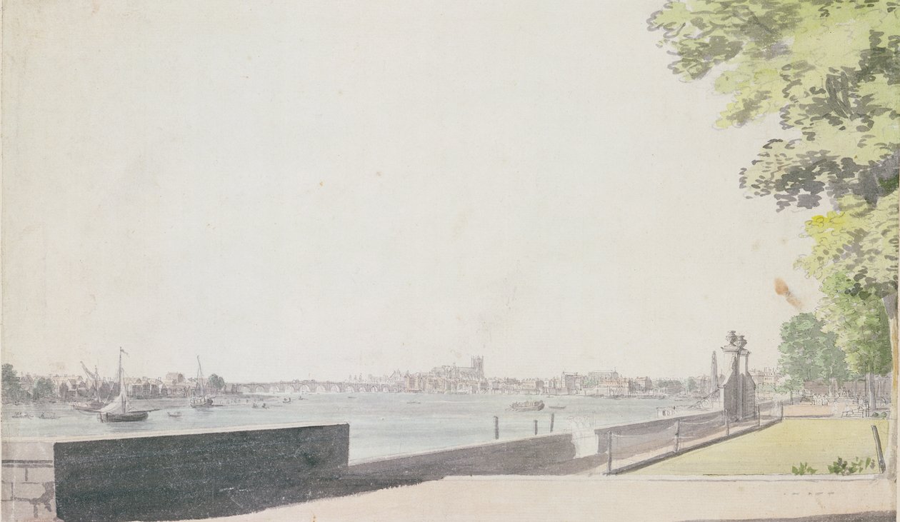 Utsikt fra Somerset House Garden, med utsikt mot Westminster Bridge, 1756 av Paul Sandby