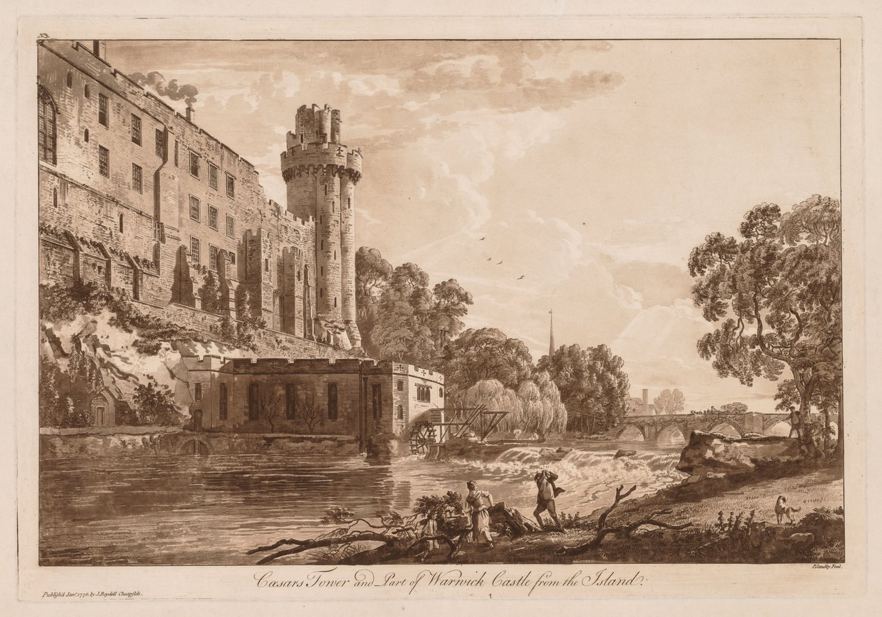Utsikt over Warwick Castle: Caesars eier og en del av Warwick Castle fra øya av Paul Sandby