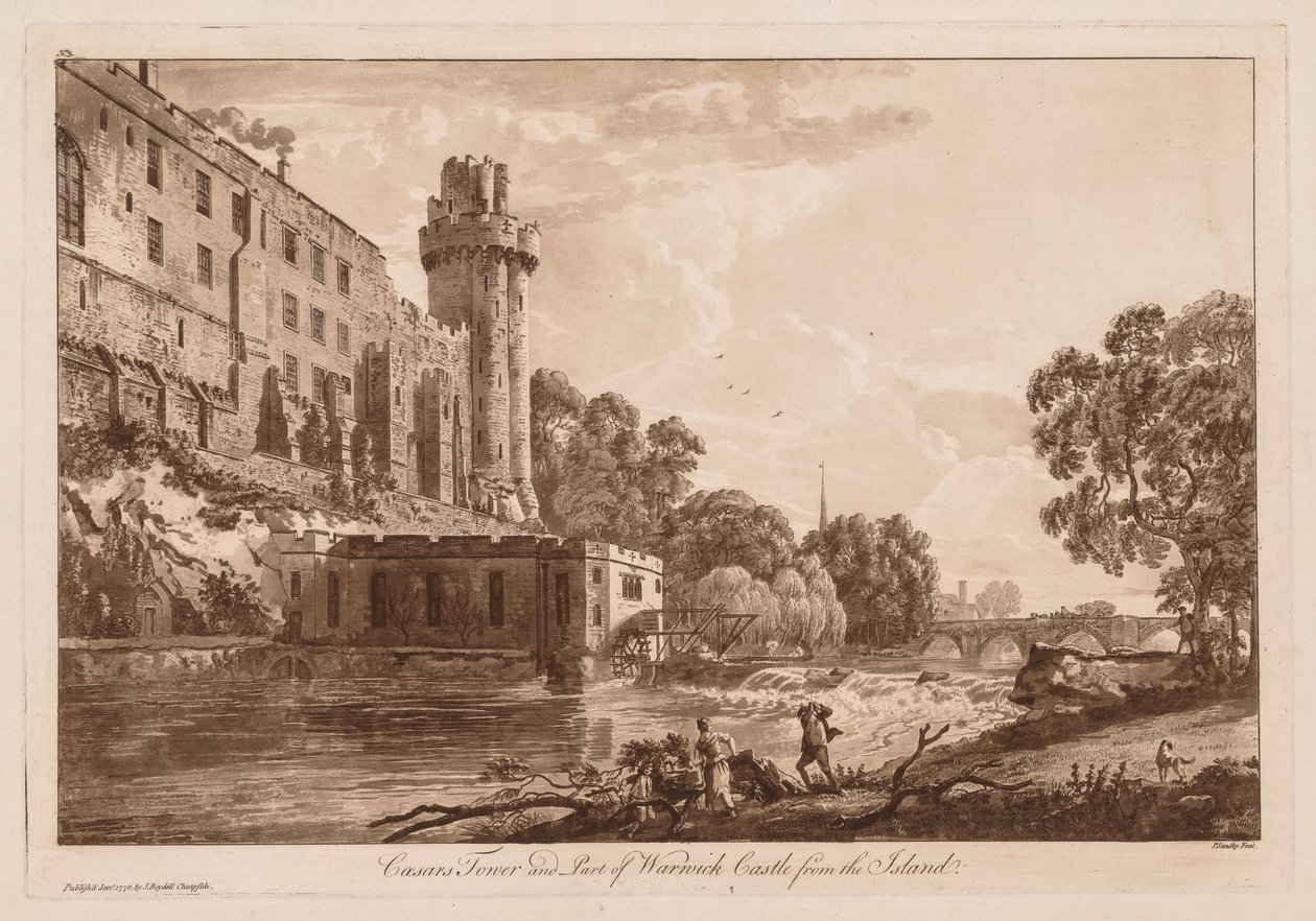 Utsikt over Warwick Castle: Caesars ower og en del av Warwick Castle fra øya, 1776. av Paul Sandby
