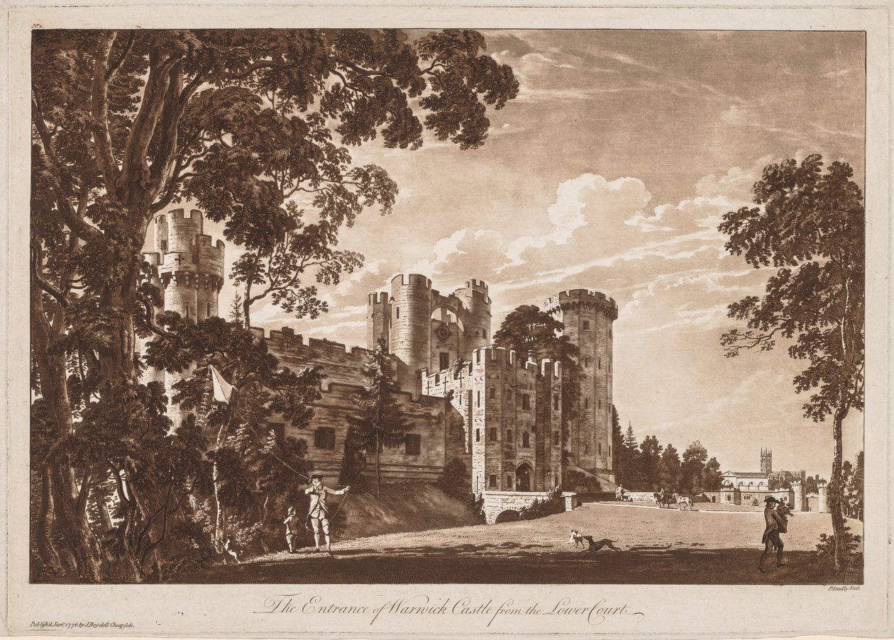 Utsikt over Warwick Castle: Inngangen til Warwick Castle fra Lower Court, 1776. av Paul Sandby