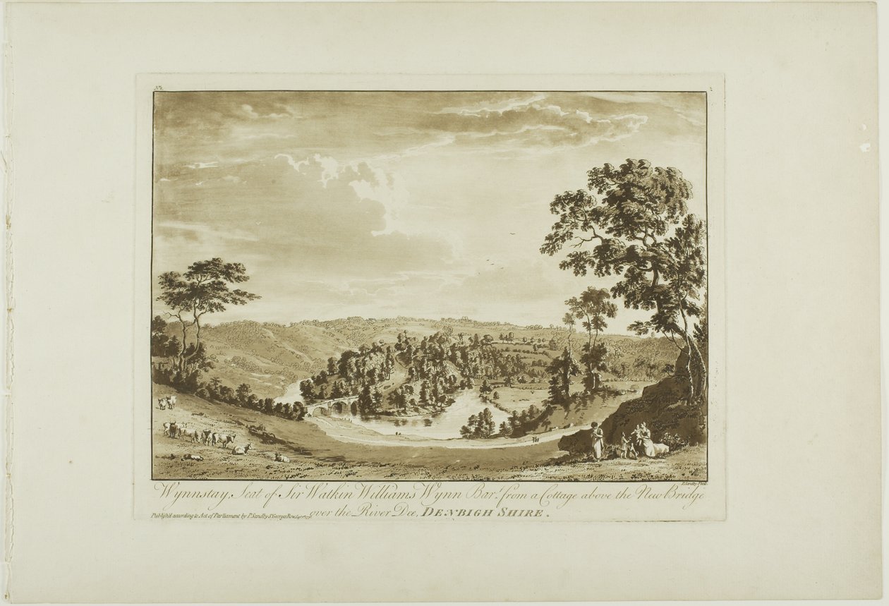 Wynnstay, sete for Sir Watkin Williams Wynn Bart fra en hytte over den nye broen over elven Dee, Denbigh Shire av Paul Sandby