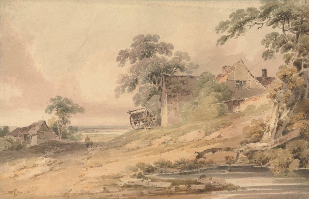 Landskap med våningshus, figurer og dam av Paul Sandby Munn