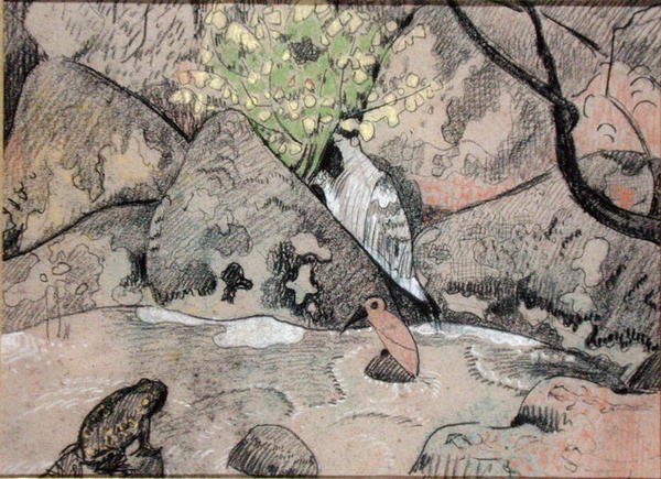 Landskap med en fugl og en padde (kull og pastell på papir) av Paul Sérusier