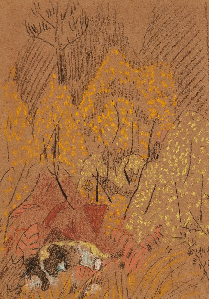 Høstlandskap ved Black And White Rock, Pont Aven (pastell på brunt papir) av Paul Sérusier
