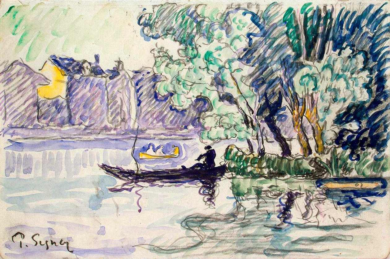 Fisker i en båt nær Seinebredden, ca 1900 av Paul Signac