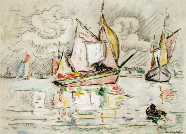 Fiskebåter (kull, akvarell og gouache på papir) av Paul Signac