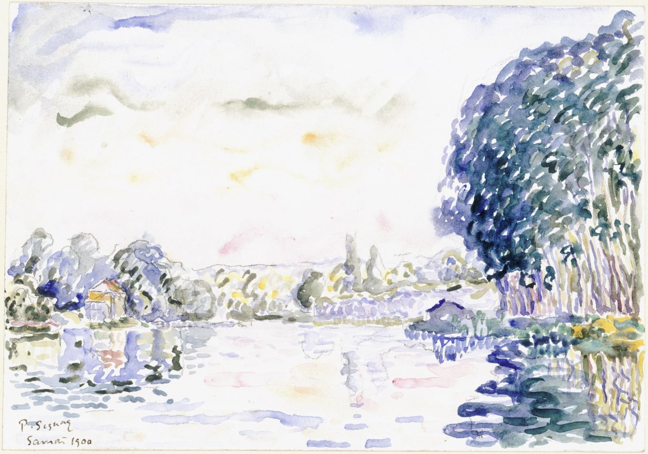 Elvelandskap med et hus og trær av Paul Signac
