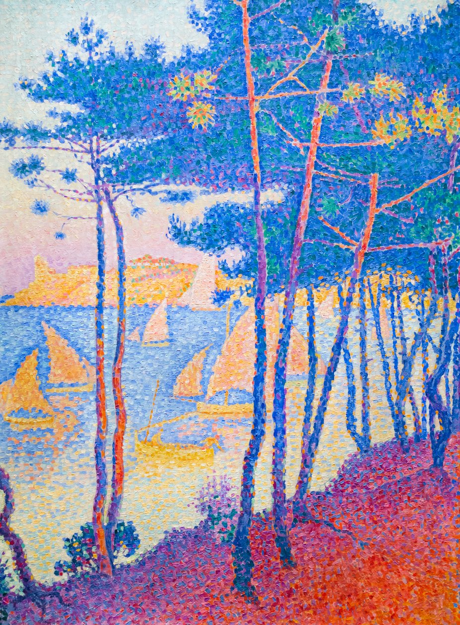 Seilbåter og furutrær, ca. 1896 (olje på lerret) av Paul Signac