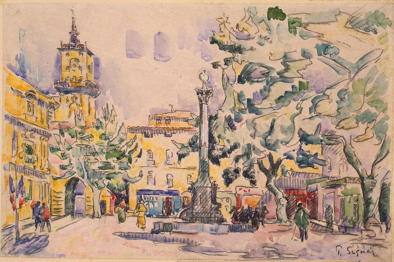 Square of the Hotel de Ville i Aix-en-Provence (penn og blekk med akvarell og gouache på papir) av Paul Signac