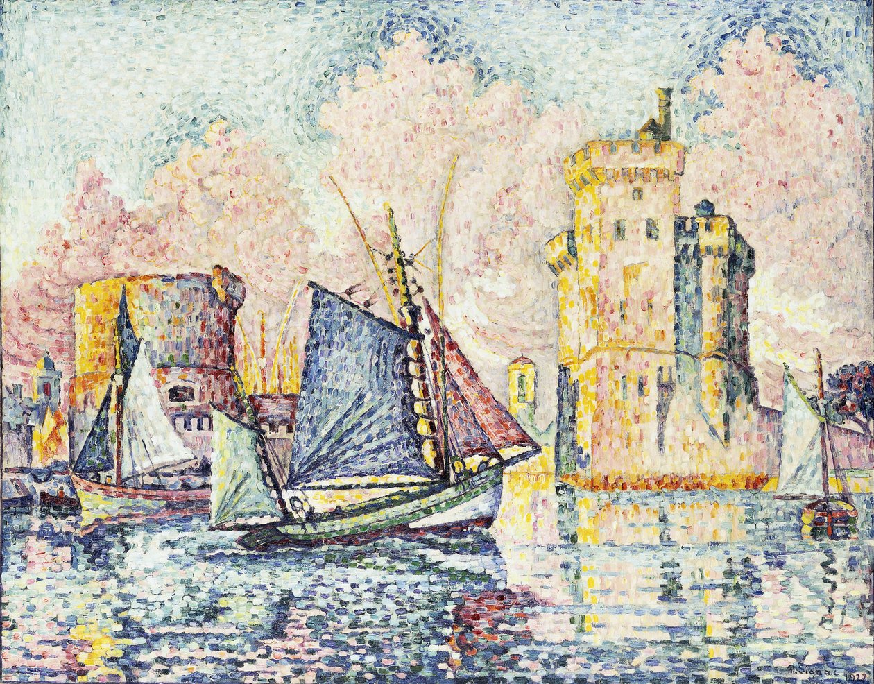 Tunfiskbåt inn til havnen i La Rochelle, Setting; Tunfiskbåten kommer inn i havnen i La Rochelle, Couchant, 1927 av Paul Signac
