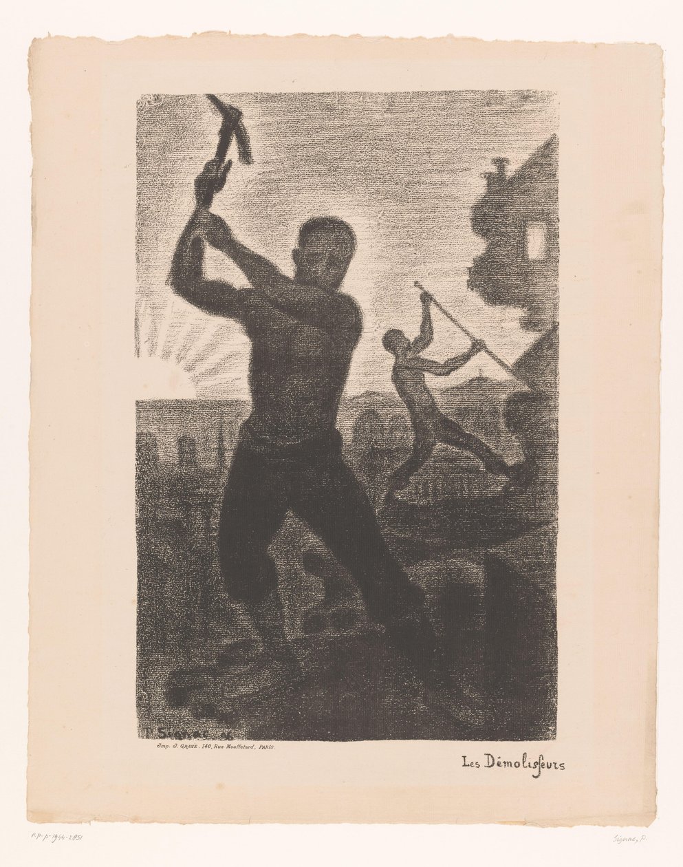 To menn river en bygning Les demolisseurs (tittel på objekt) av Paul Signac