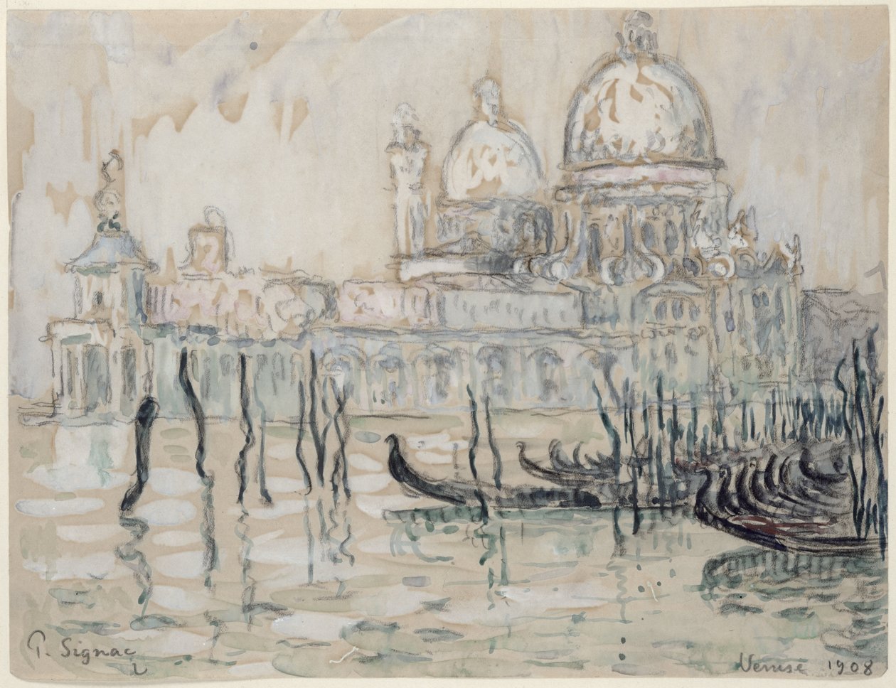 Venezia eller, Gondolene, 1908 (svart kritt og wc på papir) av Paul Signac