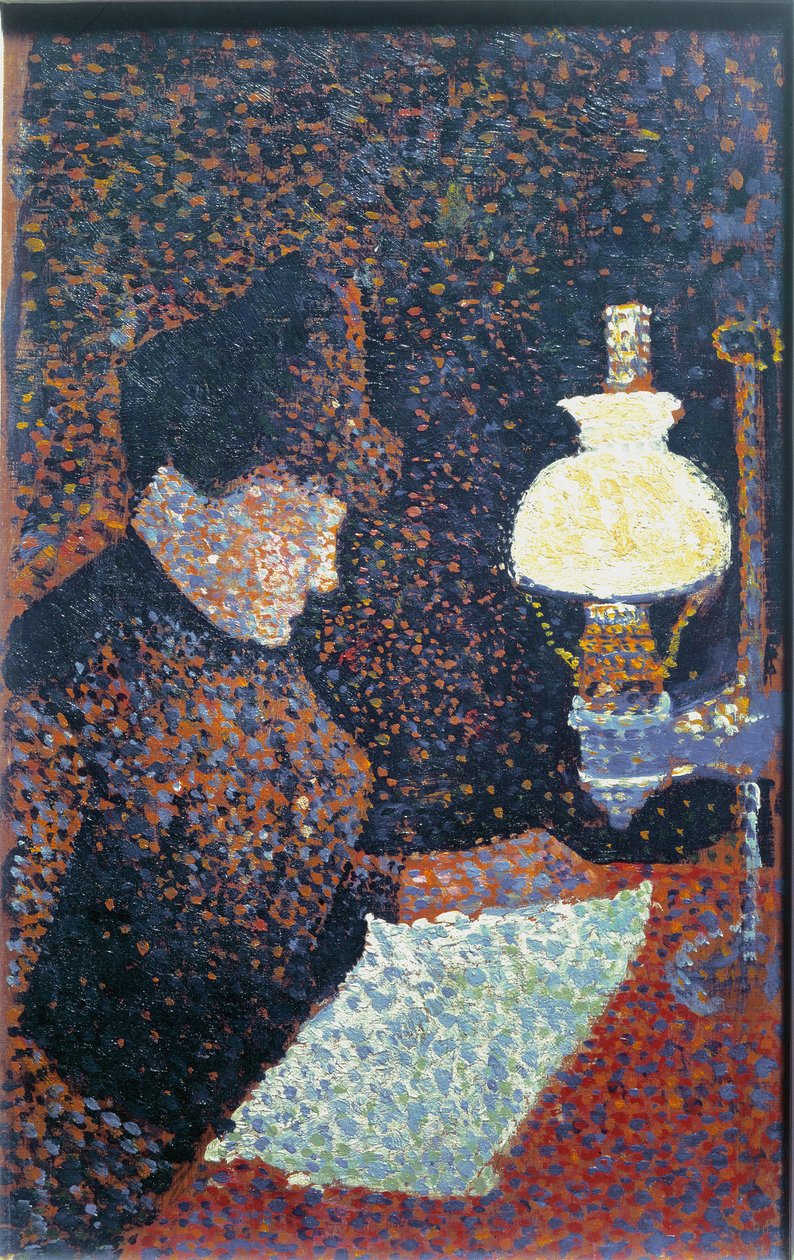 Kvinne under lampen - olje på lerret av Paul Signac
