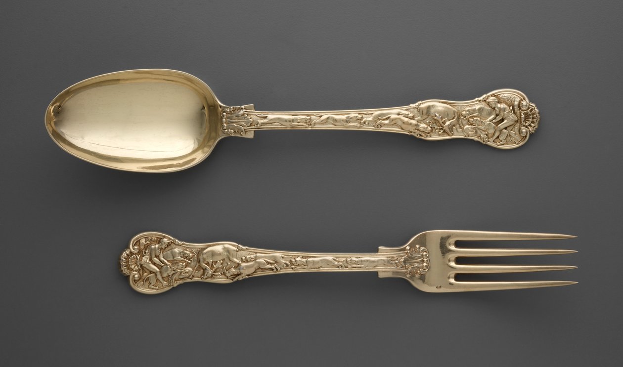 Dessertgaffel med jaktscener og dessertskje med jaktscener, ca. 1822 av Paul Storr