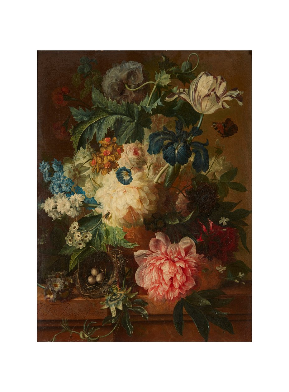 Stilleben av vårblomster i en urne med fot (olje på lerret) av Paul Theodor van Brussel