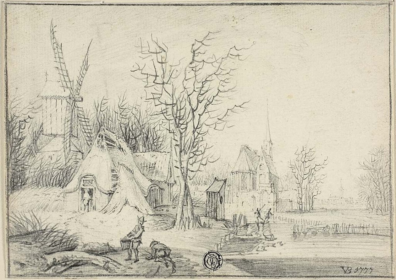 Landsby med vindmølle og kirke av Paul Theodor van Brussel