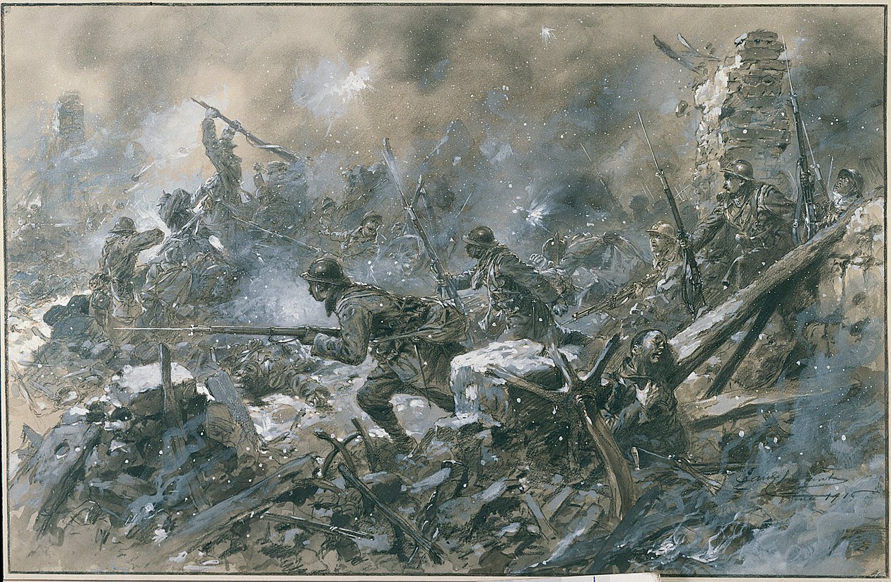 Første verdenskrig (1914-1918): “” Et motangrep i landsbyen Vaux i 1916 på forsiden av Verdun””” Akvarell av Paul Thiriat Paris. Musee, Des deux guerre mondiale DR - Fransk motangrep på landsbyen Vaux nær Verdun av Paul Thiriat