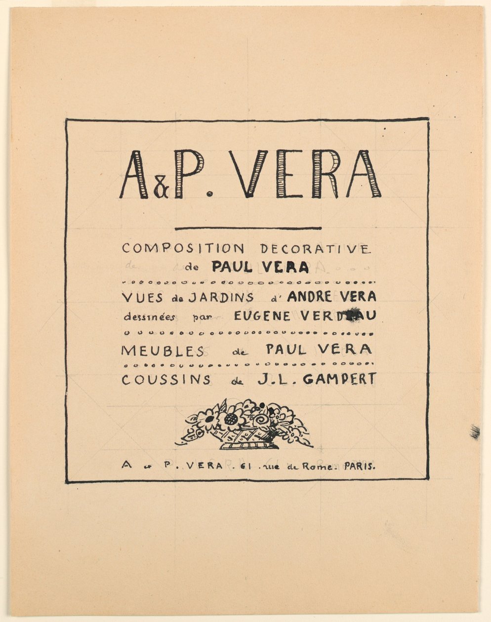 Tegning, tittelside, A & P Vera, Dekorativ komposisjon av Paul Vera / Utsikt over André Veras hager tegnet av Eugène Verdeau / Møbler av Paul Vera / Puter av J. L. Gampert, 1912–19 av Paul Vera
