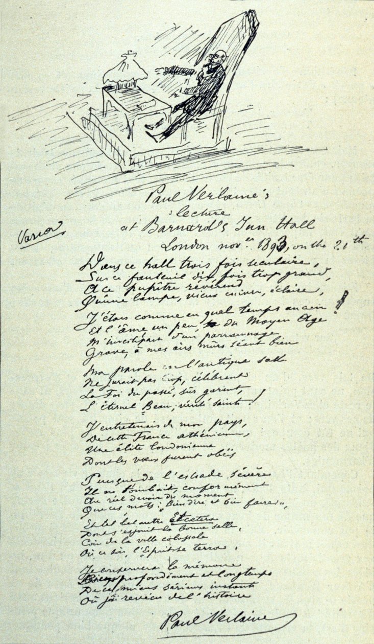 Dikttegn av den franske poeten Paul Verlaine (1844-1896) med skisse av representanten under en lesning. 21.11.1893 av Paul Verlaine