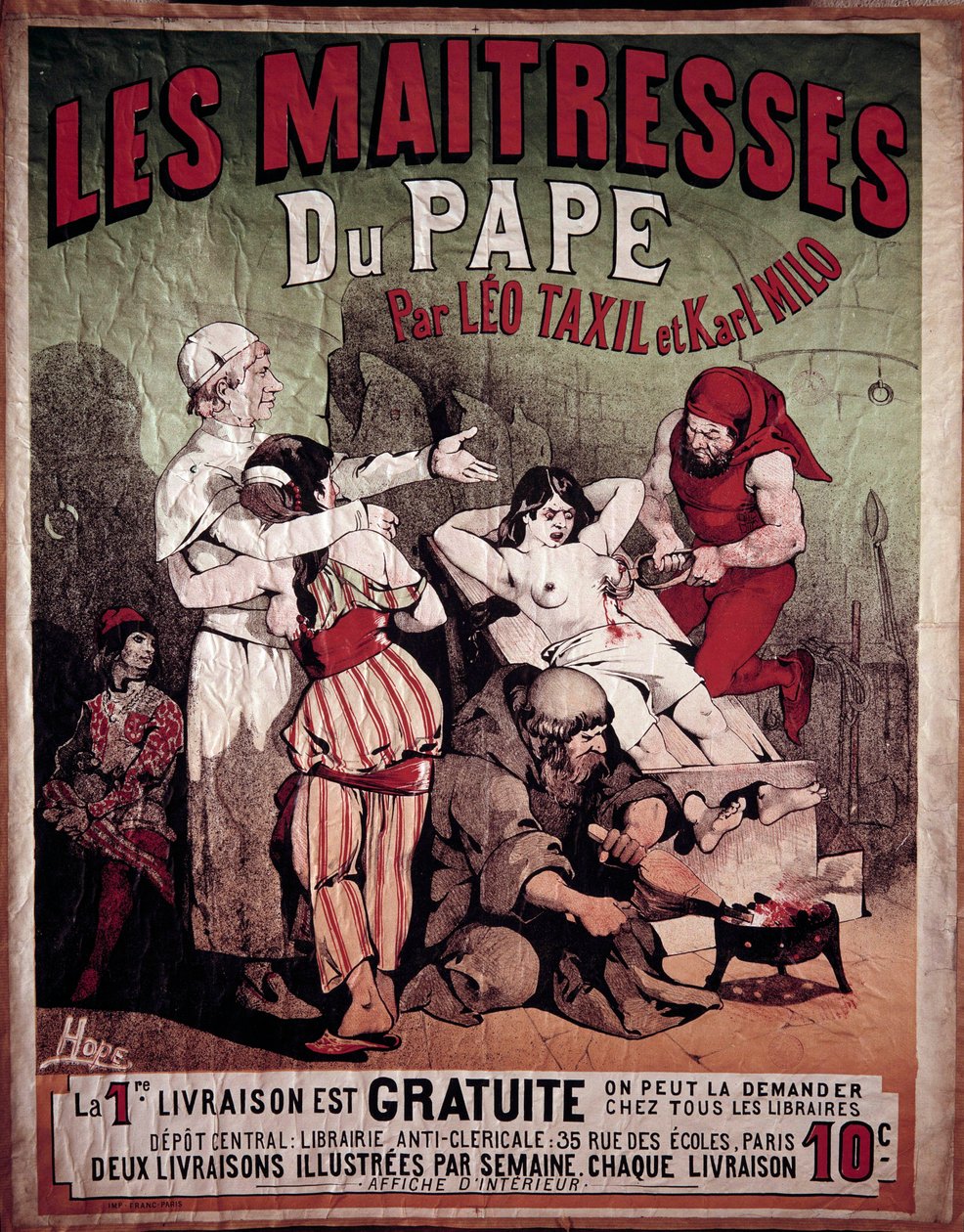 Plakat for "The Maitresses of the Pope" av Leo Taxil (1854-1907) og Karl Milo, antiklerikalsk bok fra 1884. En kvinne er representert torturert på søylen, en bøddel gjennomborer brystet hennes. Illustrasjon av Hode, 1900-tallet. Privat samling av Paul Verlaine