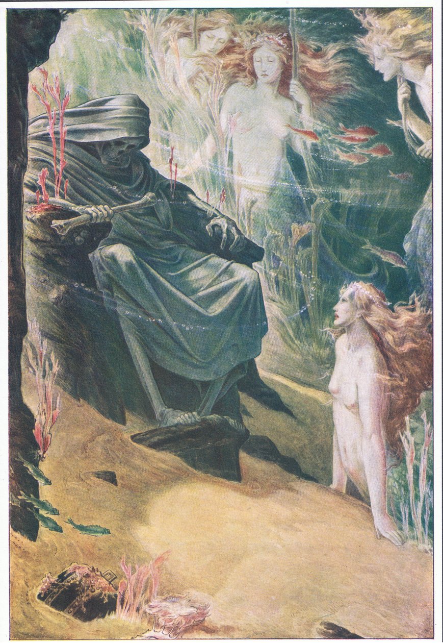 Full famn fem din far lyver: av hans bein er laget koraller, illustrasjon fra The Tempest, 1908 av Paul Vincent Woodroffe