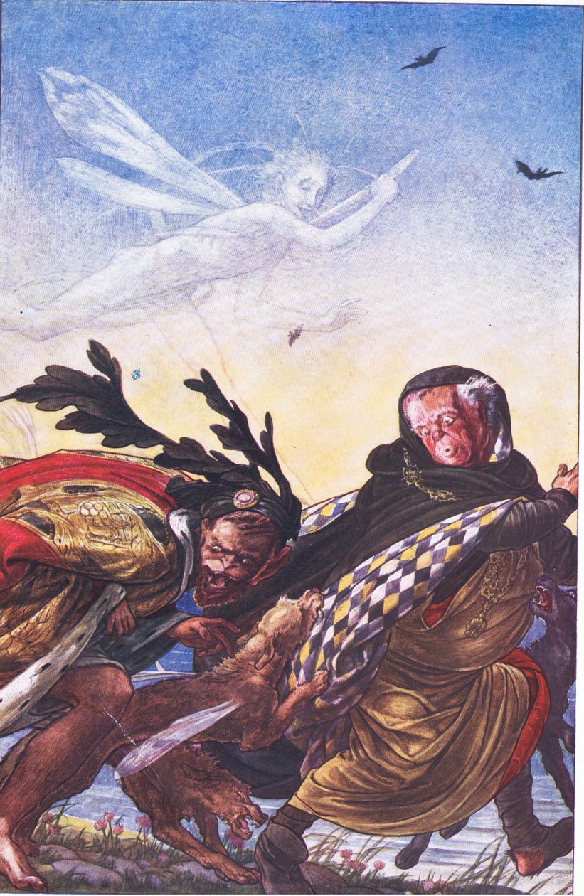 Raseri! Raseri! Tre, tyrann, der Hark! Hark!, illustrasjon fra The Tempest, 1908 av Paul Vincent Woodroffe
