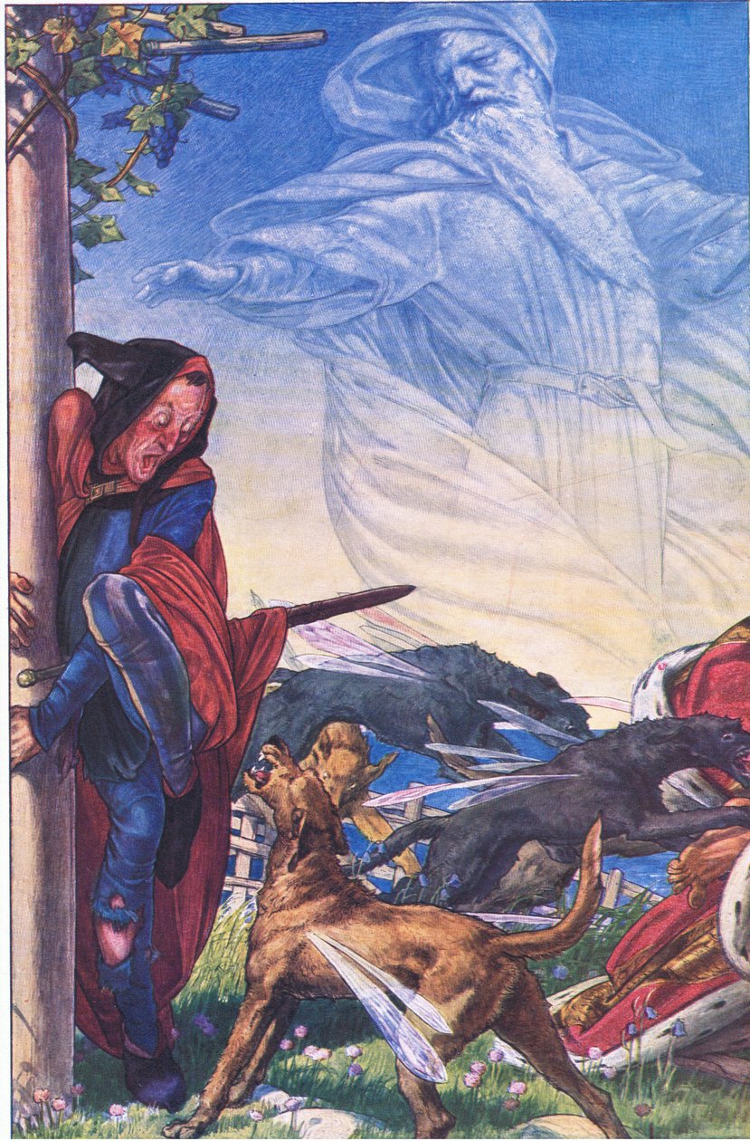 Raseri! Raseri! Tre, tyrann, der Hark! Hark!, illustrasjon fra The Tempest, 1908 av Paul Vincent Woodroffe