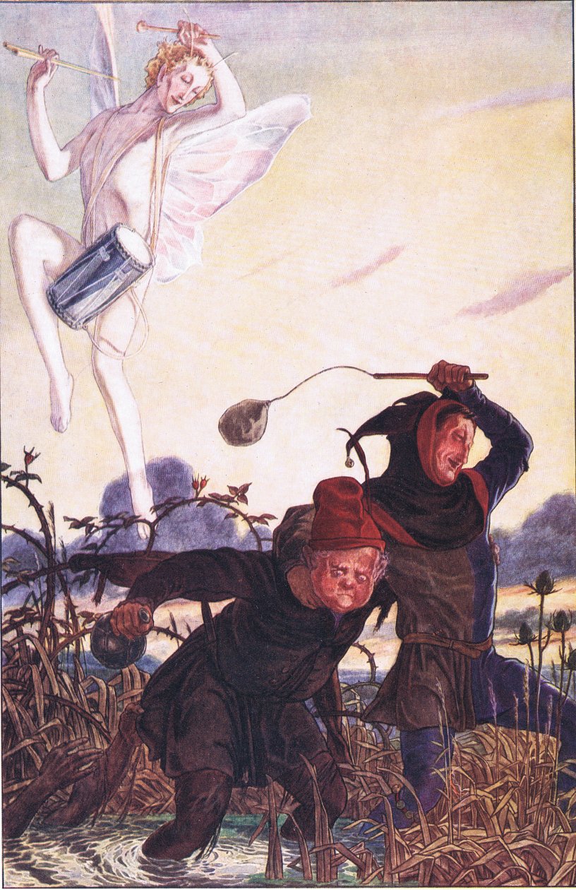 Blymonster, følg godt med. Jeg ville jeg kunne se Taboreri: Han legger den på, illustrasjon fra The Tempest, 1908 av Paul Vincent Woodroffe