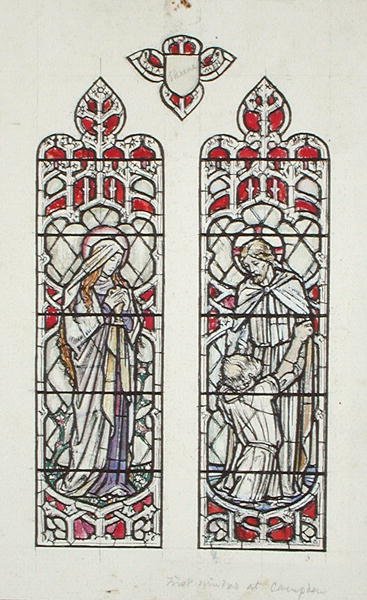 Vindusdesign som viser St. Mary Magdalene og Kristus med St. Peter for Claverton Parish Church av Paul Vincent Woodroffe